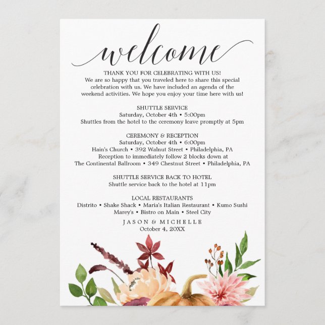 Autumn Bliss Wedding Itinerary - Wedding Welcome Program (Front)