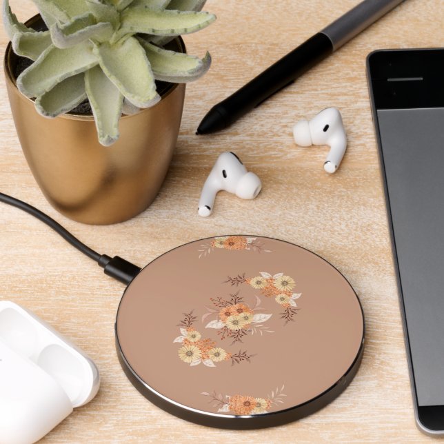 Autumn Bloom – Beige & Orange Floral Art Wireless Charger (Desk 2)