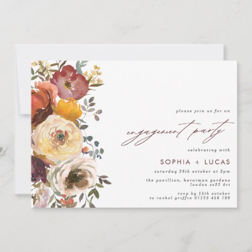 Autumn Bloom Burgundy Flowers Engagement Party Invitation