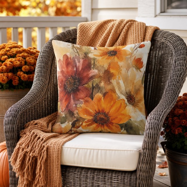 Autumn Bloom Fall Florals Watercolor  Outdoor Pillow (Creator Uploaded)