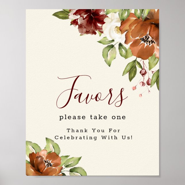 Autumn Blooming Floral Maroon Favors Sign  (Front)