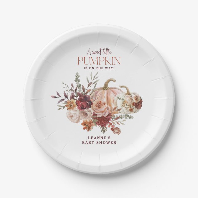 Autumn Blooms 'a little pumpkin' Baby Shower Paper Plates (Front)