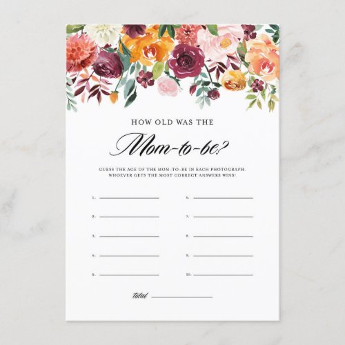 Autumn Blooms Baby Shower Moms Age Guessing Game Enclosure Card