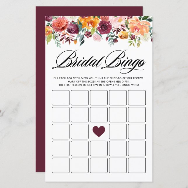 Autumn Blooms Bridal Shower Bingo Game Card (Front/Back)
