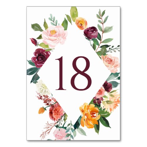 Autumn Blooms Diamond Floral Frame Fall Wedding Table Number