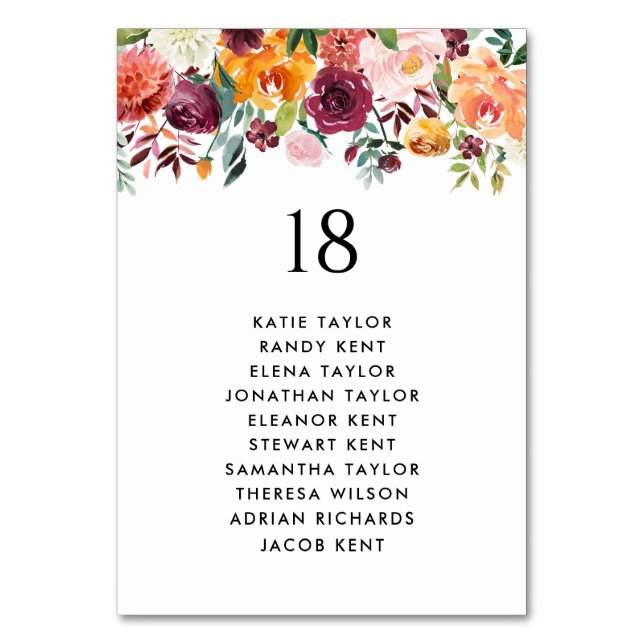 Autumn Blooms Fall Wedding Table Seating Plan Number (Front)