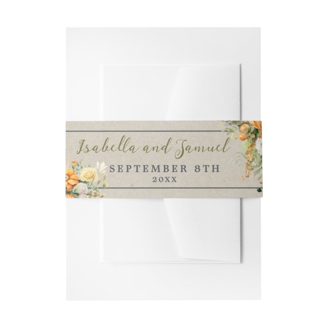 Autumn Blooms Floral Fall Orange Green Wedding Invitation Belly Band (Front Example)