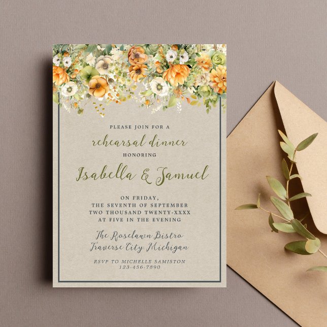 Autumn Blooms Floral Fall Orange Rehearsal Dinner Invitation (Creator Uploaded)
