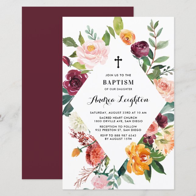 Autumn Blooms Floral Frame Baptism Invitation (Front/Back)