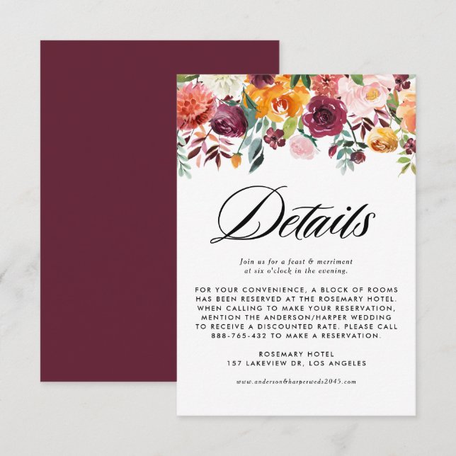 Autumn Blooms Floral Garland Fall Wedding Details Enclosure Card (Front/Back)