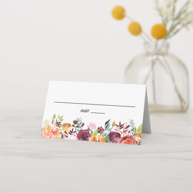 Autumn Blooms Floral Garland Fall Wedding Place Card (Front)
