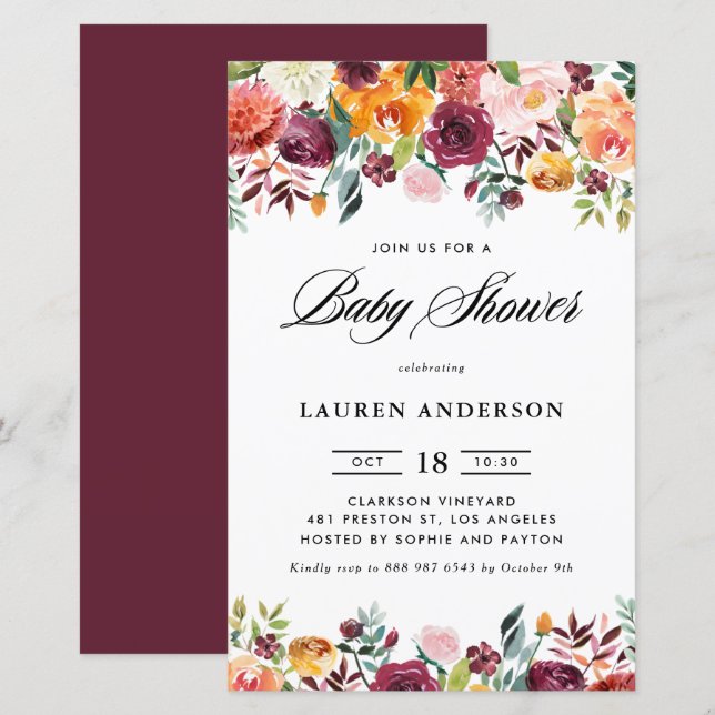 Autumn Blooms Garland Baby Shower Invitation (Front/Back)