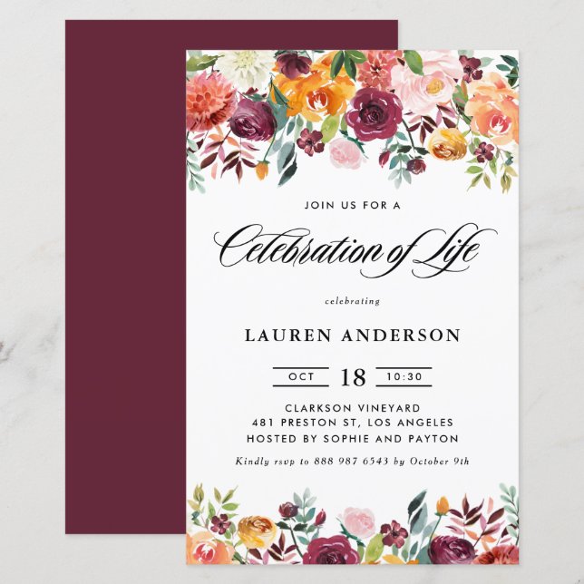 Autumn Blooms Garland Celebration of Life Invite (Front/Back)