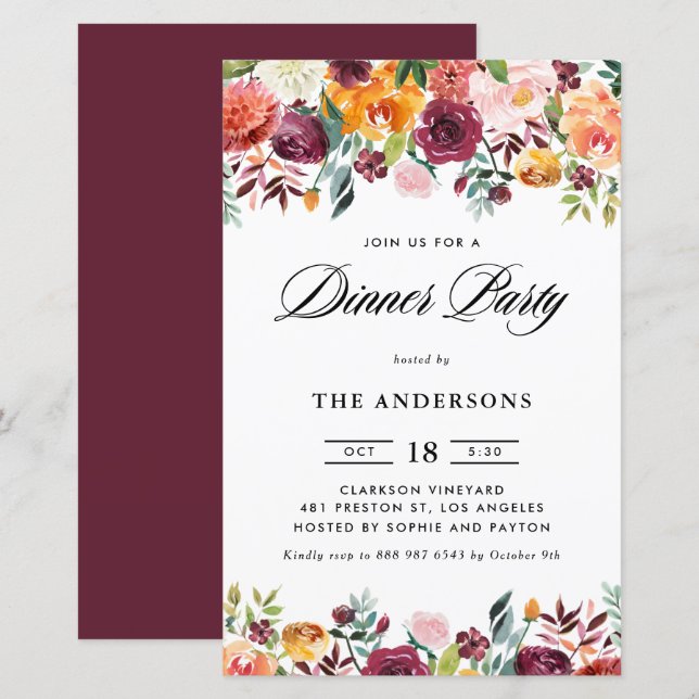 Autumn Blooms Garland Dinner Party Invitation (Front/Back)
