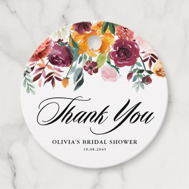 Autumn Blooms Garland Fall Bridal Shower Thank You Favor Tags (Front)