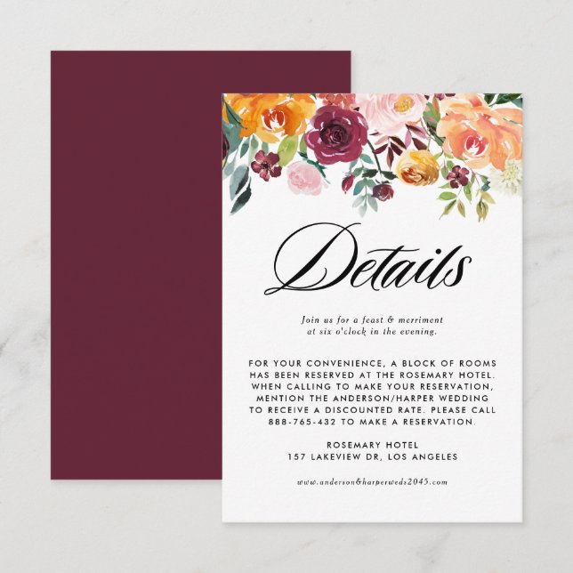 Autumn Blooms Garland Fall Wedding Details Enclosure Card (Front/Back)