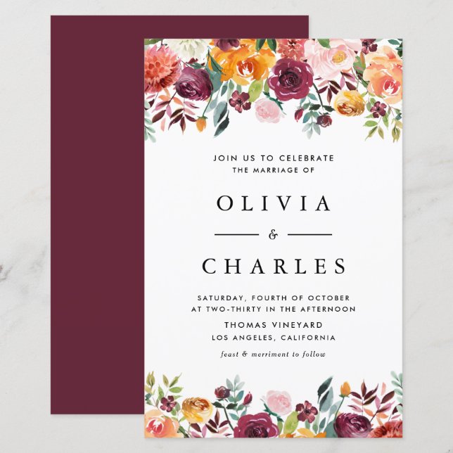 Autumn Blooms Garland Fall Wedding Invitation (Front/Back)