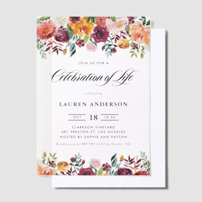 Autumn Blooms Garland Floral Celebration of Life Vellum Invitations (Offset)