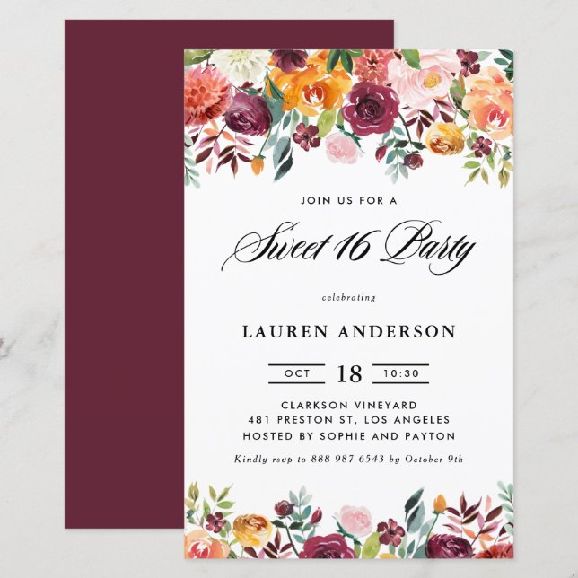 Autumn Blooms Garland Sweet 16 Party Invitation (Front/Back)