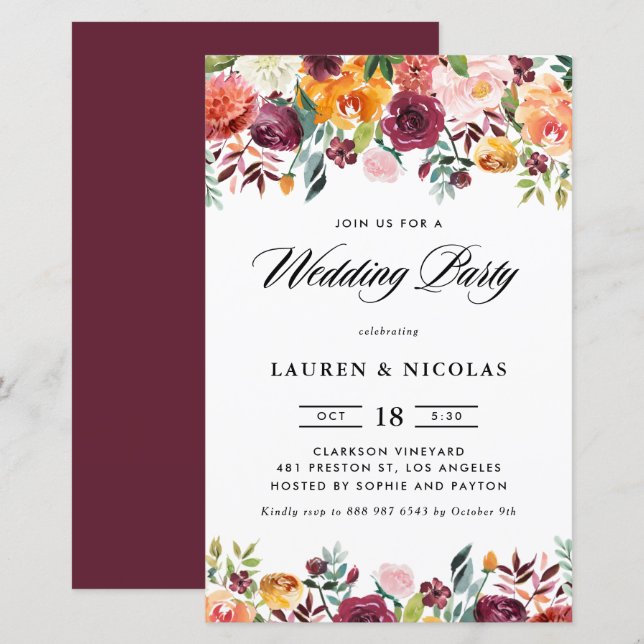 Autumn Blooms Garland Wedding Party Invitation (Front/Back)