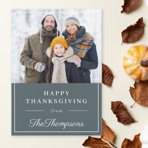 Autumn Blue Happy Thanksgiving Family Photo Holiday Card