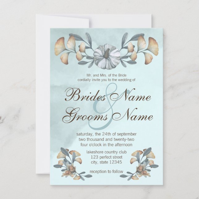Autumn Blue Pumpkin & Ginkgo Wedding Invitation (Front)