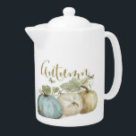 Autumn Blue Pumpkin Medium Tea Pot<br><div class="desc">Beautiful watercolor pumpkins in shades of soft blue, green, gold and brown on a white background are featured on this medium tea pot. The word "Autumn" is written out across the top of the pretty pumpkins, all around the tea pot. Coordinates with the other designs in the Autumn Blue Pumpkin...</div>