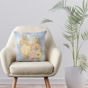 Autumn Blue Pumpkins Floral Watercolor Throw Pillow