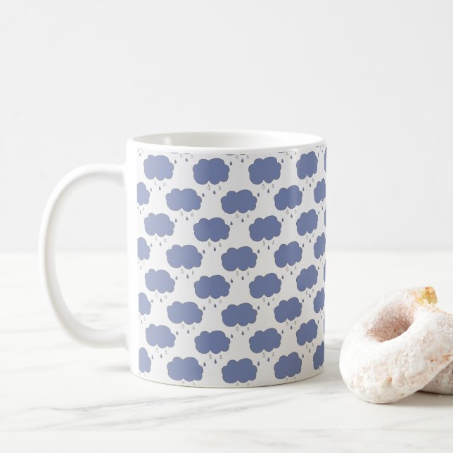 Autumn | Blue Rain Cloud Raindrop Pattern Coffee Mug (With Donut)