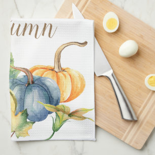 Autumn Blue White Green Orange Pumpkin Watercolor Kitchen Towel