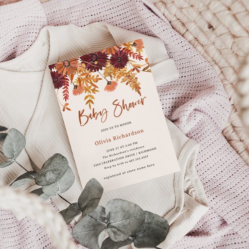 Autumn Blush Boho Wildflowers  Baby Shower Invitation