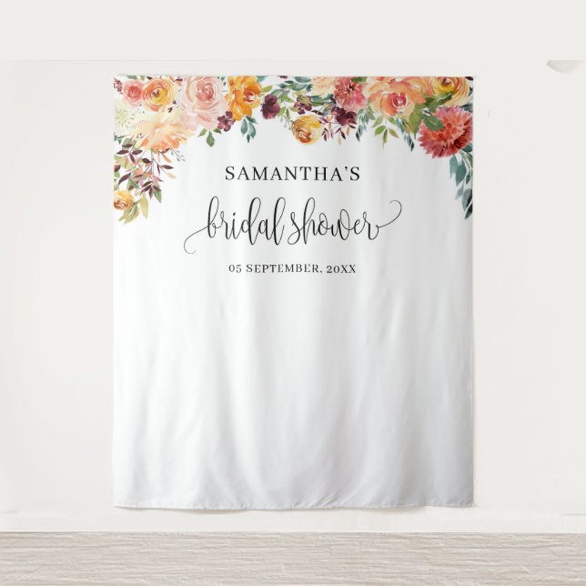 Autumn blush burgundy orange floral party backdrop (Front)