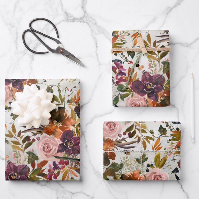 Autumn Blush Roses Burgundy & Copper Floral Wrapping Paper Sheets (Front)