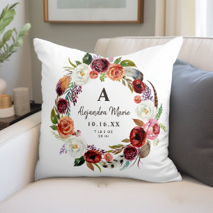 Autumn Boho Blooms Baby Name Birth Stats Throw Pillow