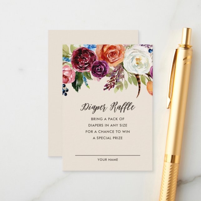 Autumn Boho Blooms Baby Shower Diaper Raffle Card (Front/Back In Situ)