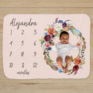 Autumn Boho Blooms Monogram Baby Milestone Photo Blanket