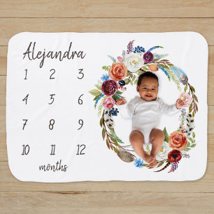 Autumn Boho Blooms Monogram Baby Milestone Photo Blanket