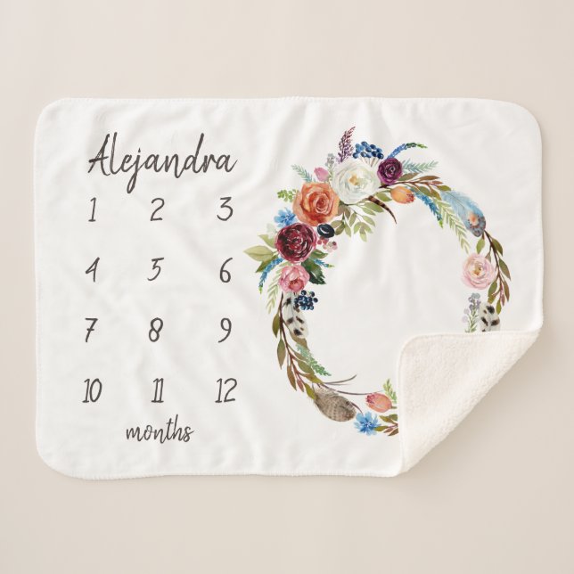 Autumn Boho Blooms Monogram Baby Milestone Photo Sherpa Blanket (Front (Horizontal))