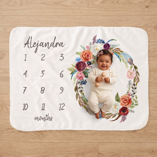 Autumn Boho Blooms Monogram Baby Milestone Photo Sherpa Blanket