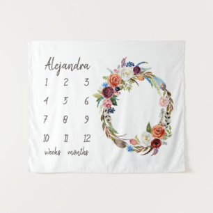 Autumn Boho Blooms Monogram Baby Milestone Photo Tapestry