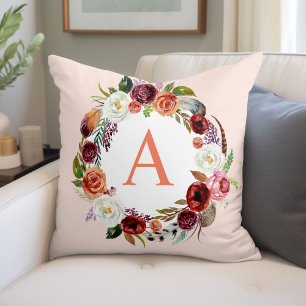 Autumn Boho Blooms Monogram Throw Pillow