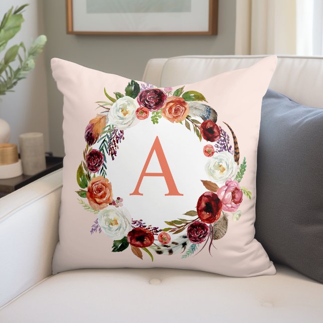 Autumn Boho Blooms Monogram Throw Pillow (Creator Uploaded)