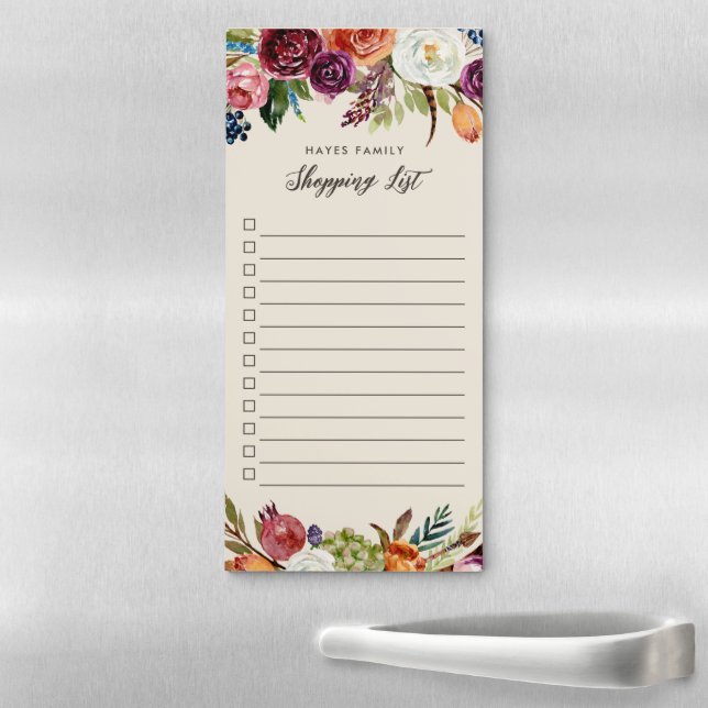 Autumn Boho Blooms Monogrammed Shopping List Magnetic Notepad (In Situ)