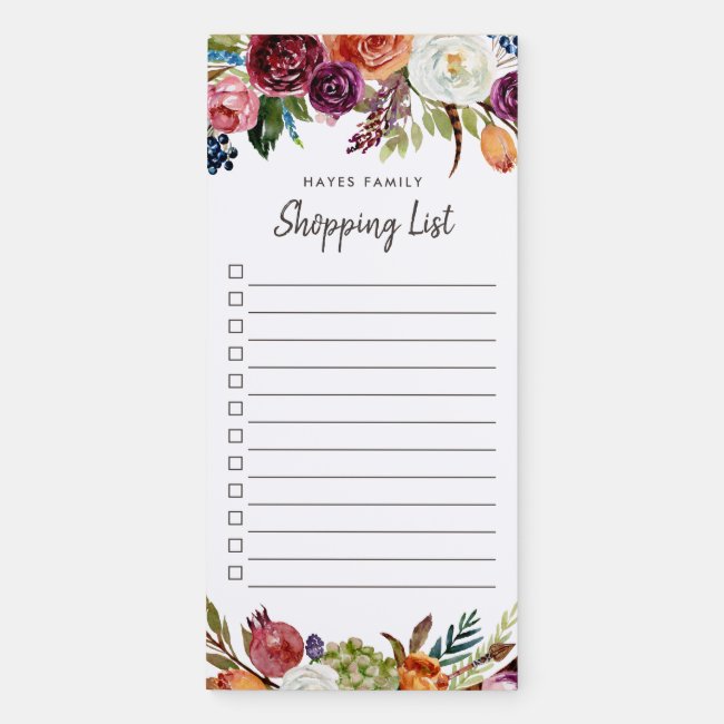 Autumn Boho Blooms Monogrammed Shopping List Magnetic Notepad