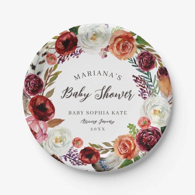 Autumn Boho Blooms Personalized Baby Shower Paper Plates (Front)