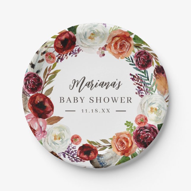 Autumn Boho Blooms Personalized Baby Shower Paper Plates (Front)