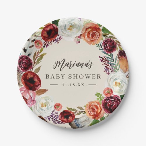Autumn Boho Blooms Personalized Baby Shower Paper Plates