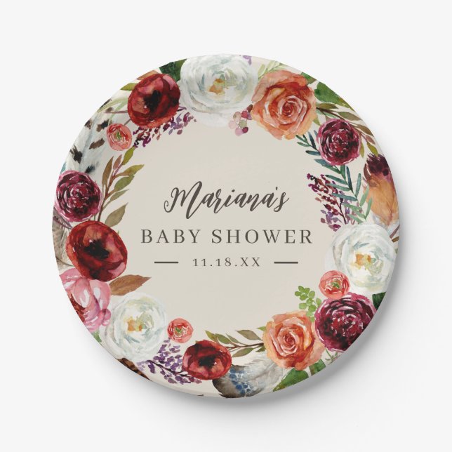 Autumn Boho Blooms Personalized Baby Shower Paper Plates (Front)