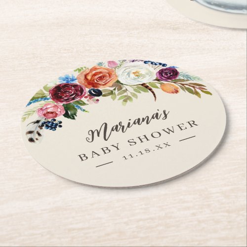 Autumn Boho Blooms Personalized Baby Shower Round Paper Coaster