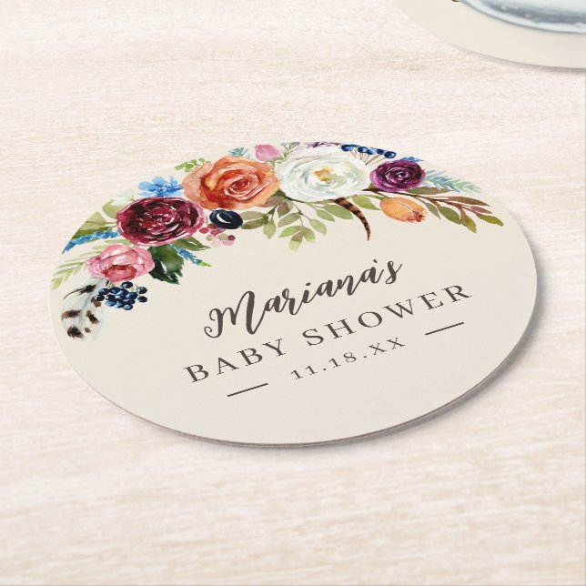 Autumn Boho Blooms Personalized Baby Shower Round Paper Coaster (Angled)